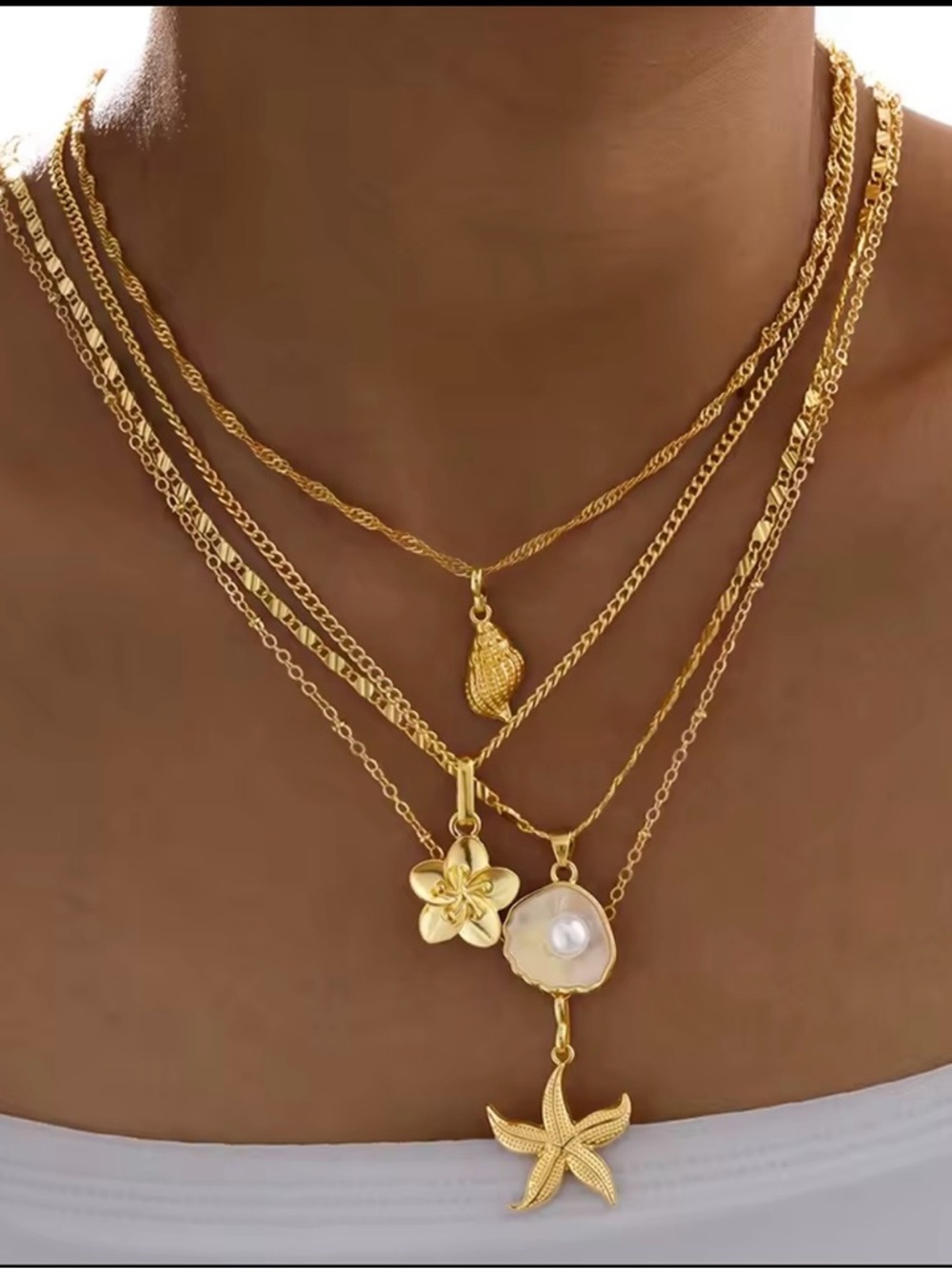 Gold Layered Seashell & Starfish Pendant Necklace Set